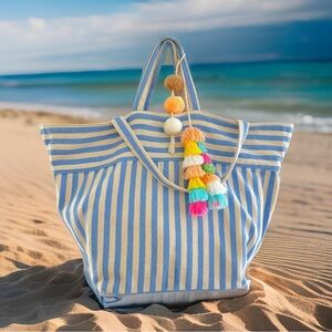 JADEtribe Valerie Boho Chic XL beach bag, blue cabana stripes & tassels